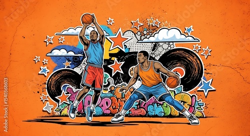 Wallpaper Mural Dynamic basketball players in action, graffiti art style on vibrant orange background Torontodigital.ca