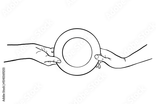 Human hands passing a plate to each other. Line vector illustration. Cooking gestures, food outline drawing for culinary class design etc.