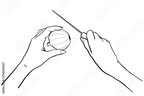 Human hands cutting onion with knife. Line vector illustration. Cooking gestures, food outline drawing for culinary class design etc.