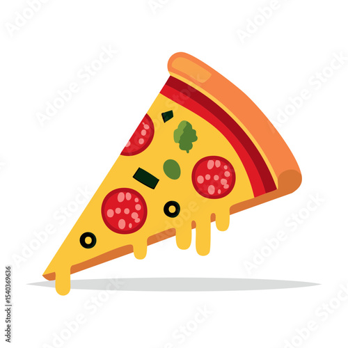 Cartoon style pizza slice with melted cheese and toppings isolated on dark background for food concept projects and illustration design