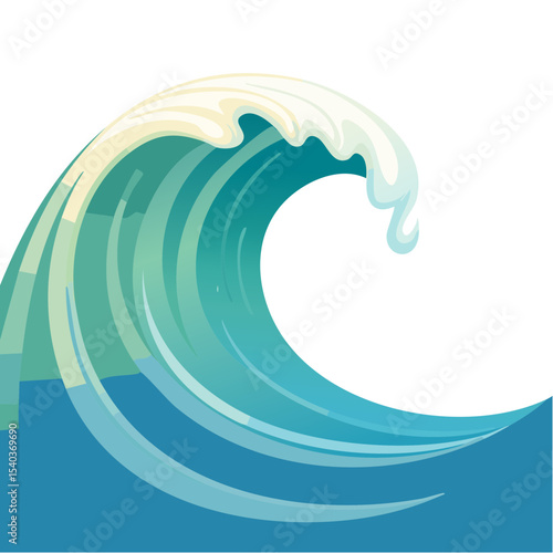 Stylized ocean wave crashing with white foam and blue water, cartoon illustration on a black background