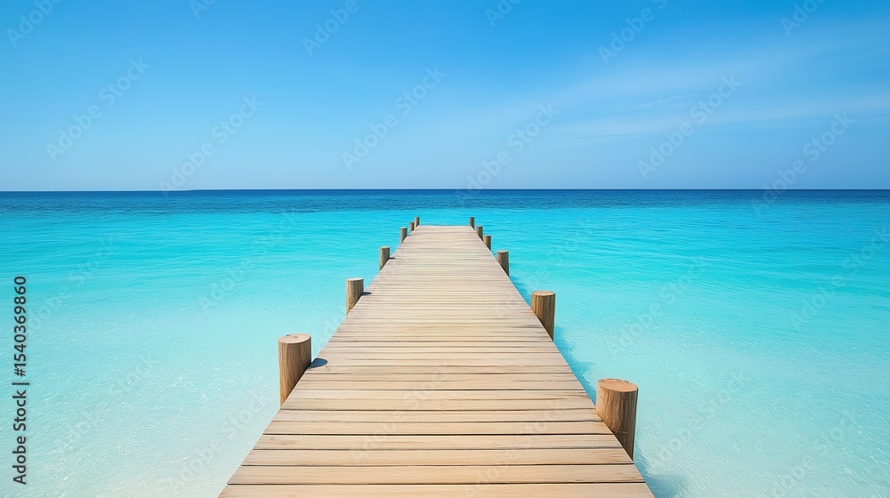 Fototapeta premium Wooden dock stretching into turquoise waters, serene beach backdrop. Tranquil escape into nature's beauty.