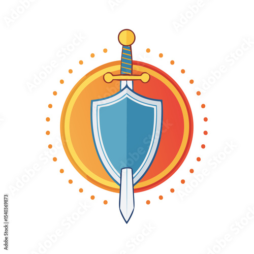 Shield and Sword Emblem A symbol of medieval heraldry and protection in a colorful badge design