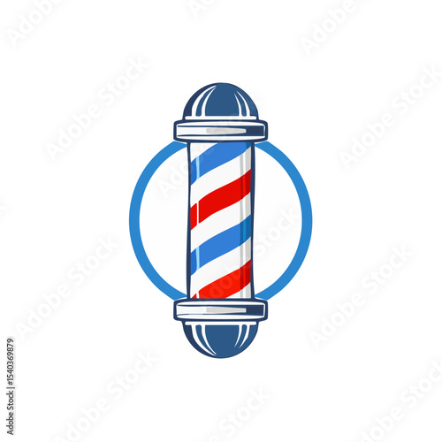 Barber shop pole sign design vector featuring traditional red white and blue colors in a circle against a black background