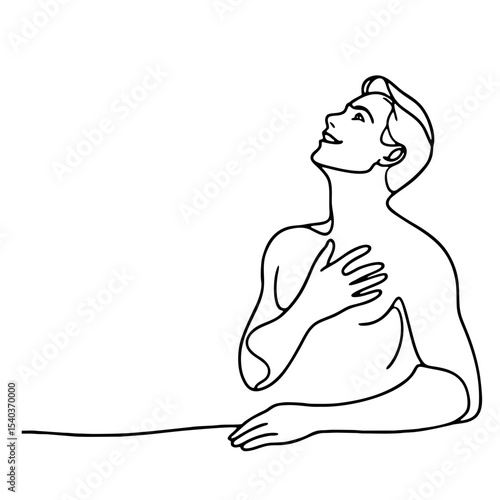 Admiration: man in theatrical ecstatic pose — minimalist single black line drawing conveying bliss and emotional uplift. One line art.