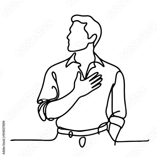 Admiration: man in theatrical ecstatic pose — minimalist single black line drawing conveying bliss and emotional uplift. One line art.