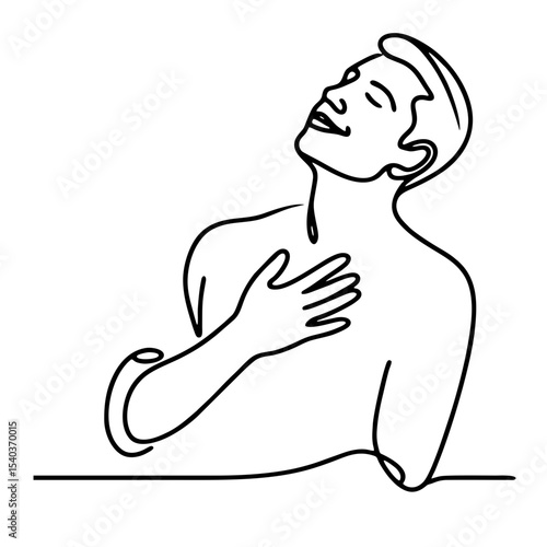 Admiration: man in theatrical ecstatic pose — minimalist single black line drawing conveying bliss and emotional uplift. One line art.