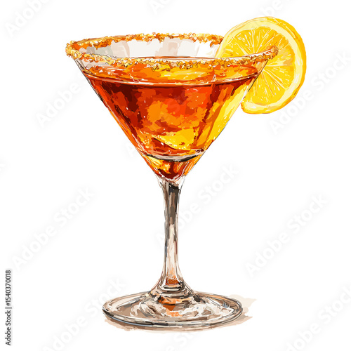 Sidecar cocktail with amber liquid and lemon zest twist garnish in sugar-rimmed martini glass isolated on a white background