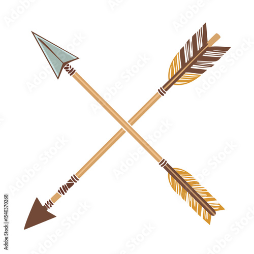 Two crossed native arrows with shafts and feathers - native American illustration
