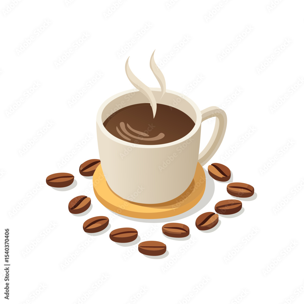 Obraz premium Isometric coffee cup with steam and coffee beans on coaster against black background