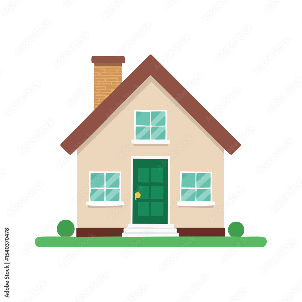 Cartoon house illustration showing a detached family home with chimney, and green front door on black background Cartoon house illustration showing a detached family home with chimney, and green front door on black background