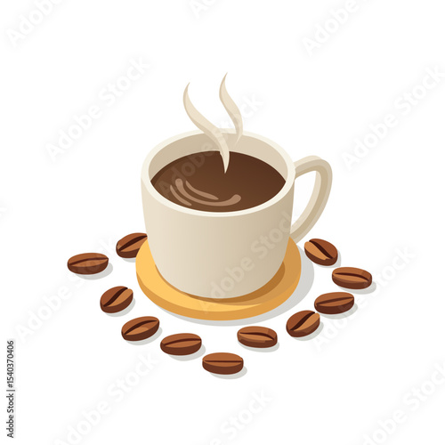 Isometric coffee cup with steam and coffee beans on coaster against black background