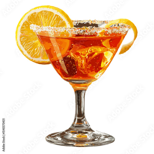Sidecar cocktail with amber liquid and lemon zest twist garnish in sugar-rimmed martini glass isolated on a white background