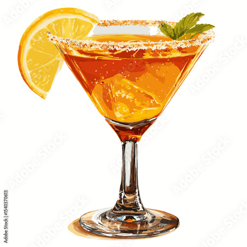 Sidecar cocktail with amber liquid and lemon zest twist garnish in sugar-rimmed martini glass isolated on a white background