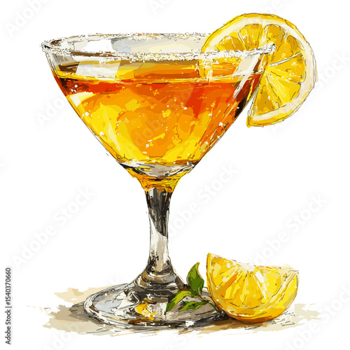 Sidecar cocktail with amber liquid and lemon zest twist garnish in sugar-rimmed martini glass isolated on a white background