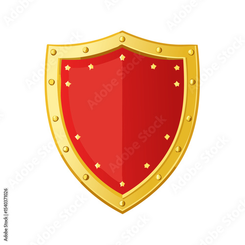 Cartoon-style shield with gold trim and red field decorated with small stars, vector illustration