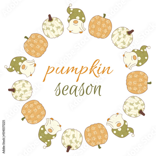 Pumpkin and gnomes wreath.  illustration for fall designs Pumpkins and gnomes in autumn colors Vector illustration
