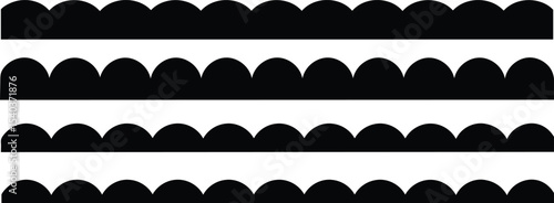 Scalloped edge seamless shapes vector set. Simple scalloped border. Simple scalloped border. Repeat vintage frill ornament. Texture ribbons isolated on white background.