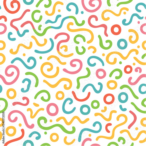 Playful Abstract Pattern with Swirls and Circles Vibrant Colors on Black Background Seamless Backdrop