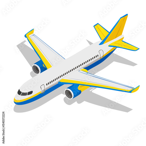 Commercial airplane illustration with a blue and yellow design, set against a black background, showcasing aviation and transportation