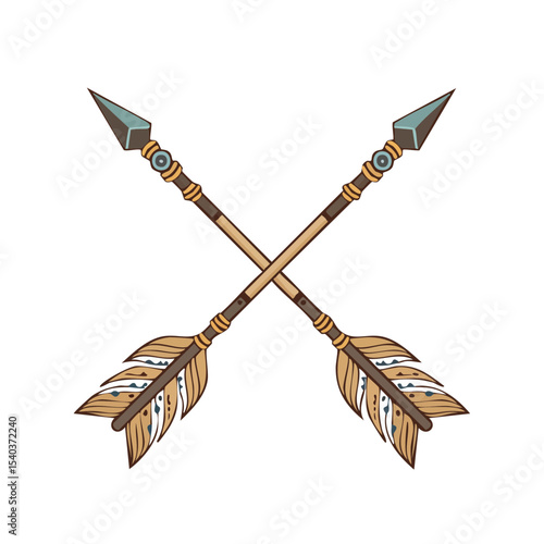 Two crossed arrows with feathers, tribal art illustration on dark background, primitive weapon drawing