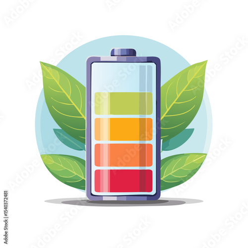 Low Battery Symbol with Green Leaves Representing Eco-Friendly Energy Source
