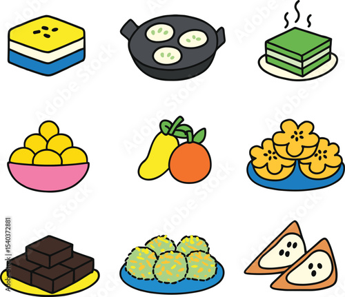Traditional Thai Desserts Vector Set – Cute Hand Drawn Style of Popular Thai Sweets Including Kanom Chan, Luk Chup, Kanom Tom and More*