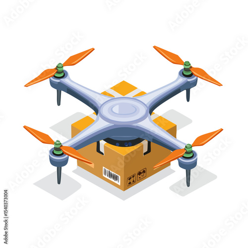 Isometric Delivery Drone Carrying a Cardboard Package on Black Background for Transport