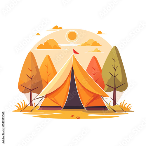 Camping tent amidst autumnal trees a wilderness campsite concept illustration Warm color palette perfect for seasonal nature adventures