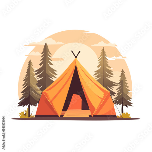 Camping Tent in Forest Scene Illustration Summer Adventure Outdoors Nature Tourism Holiday Pine Trees Camp Site Sun Light
