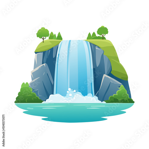 Cartoon Waterfall Landscape with Rocks, Trees and Pond for Digital Illustration