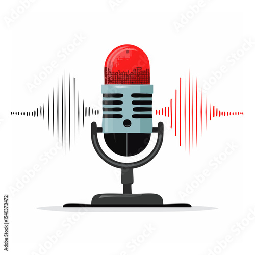 Retro Microphone with Audio Wave Illustration for Podcast or Recording Studio Background with Black and Red Graphic Elements