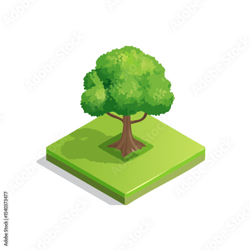Isometric Tree on Green Patch of Land, Single Lush Tree, Cartoon Style, Clean Presentation
