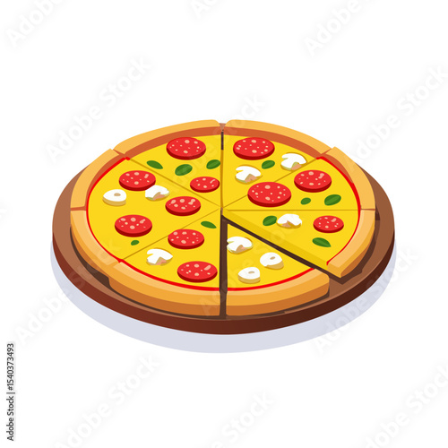 Isometric pizza with pepperoni, mushrooms, and basil served on a wooden tray. Tasty italian fast food concept. Delicious meal illustration.