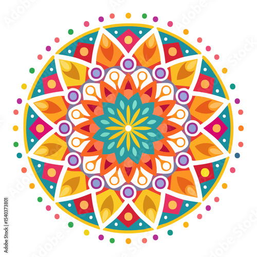 Vibrant Decorative Mandala Illustration with Circular Geometric Patterns and Bold Color Palette on Black Background
