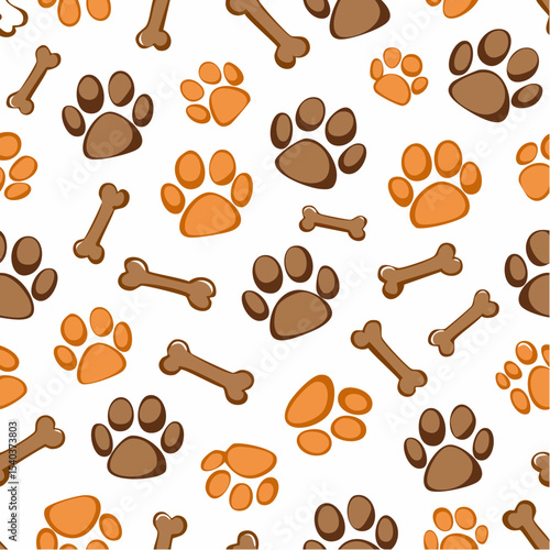 Seamless pattern featuring dog paw prints and bones in brown and orange colors on a white background ideal for textile and packaging