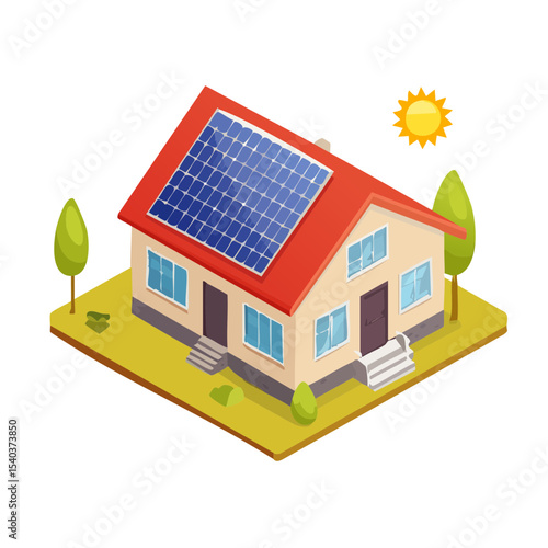 Isometric house with solar panels on red roof, trees, and sun illustration