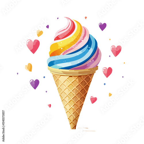 Colorful Rainbow Swirl Ice Cream Cone with Heart Sprinkles on Black Background
