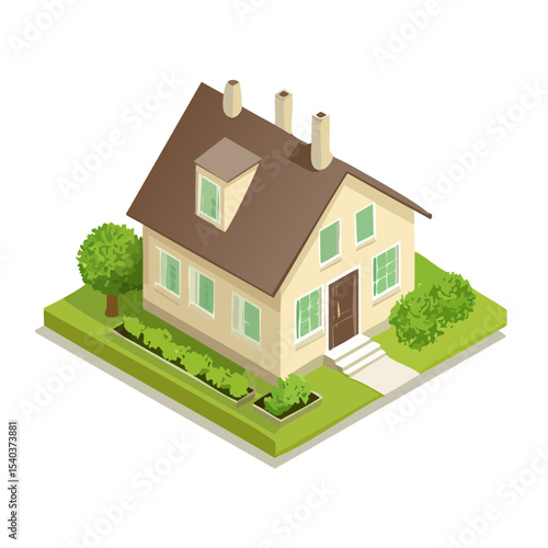 Isometric house with yard and garden, detached home with gable roof and dormer window, property illustration