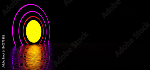 Colorful glowing circles in a dark space are reflected in the glossy floor. An abstract sun is shining in a dark space. 3D Render.