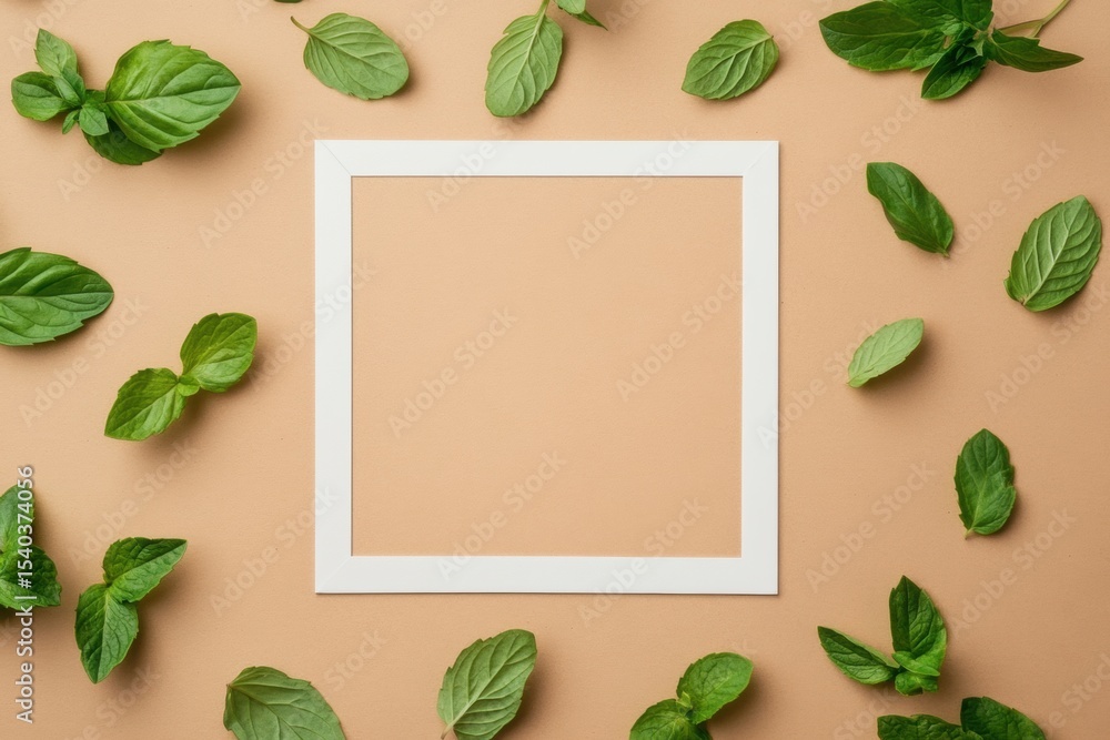 A white frame with green leaves surrounding it. , with ample copy space for text. A white frame with green leaves surrounding it. , with ample copy space for text.