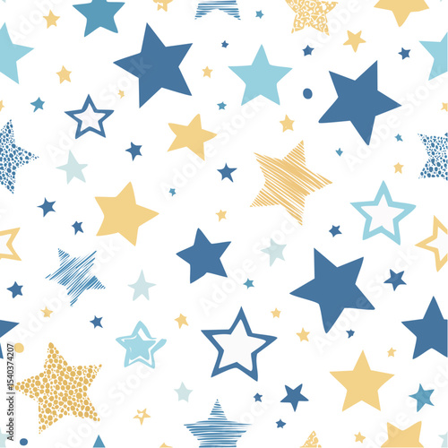 Seamless pattern of hand drawn stars on a black background for wrapping paper or holiday design celestial celebration night sky ornament