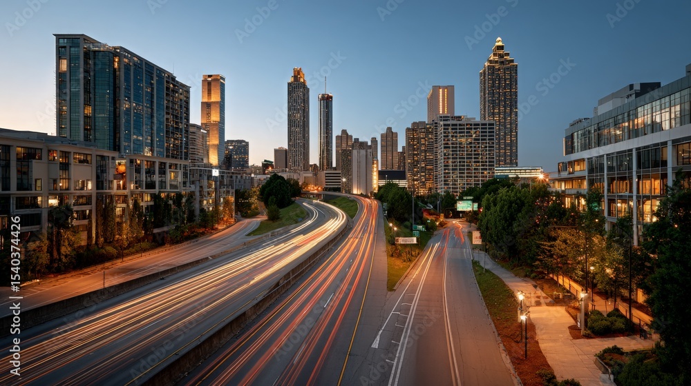 Fototapeta premium Atlanta Skyline at Dusk with Highway Light Trails