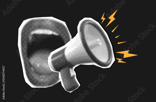 loudspeaker and open screaming female mouth in retro halftone style,paper collage element, megaphone with female lips