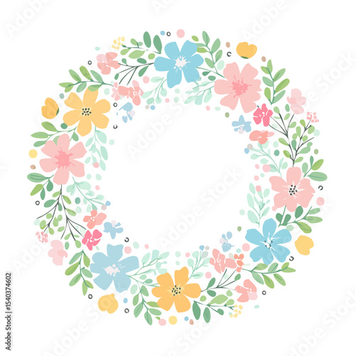 Floral Wreath with Pastel Flowers and Green Leaves on Black Background