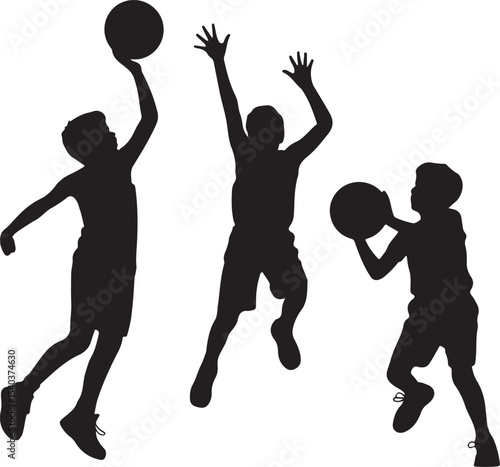 Vector Silhouette of Children Playing Basketball — Shooting, Jumping to Block, and Dribbling — Energetic Black Shapes on White Background