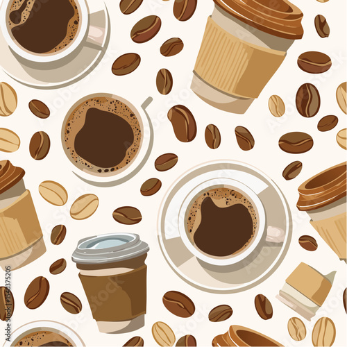 Coffee cups and coffee beans pattern. Cups with hot coffee and scattered coffee beans illustration.