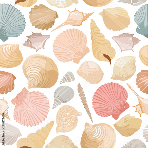 Seamless pattern with vector seashells on a black background ocean shore marine life summertime coastal living beach theme