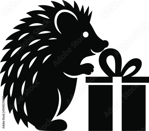 Adorable Hedgehog with Gift A Charming Black and White Illustration