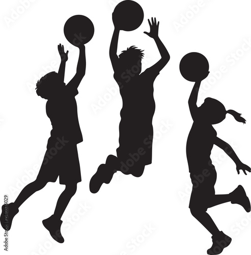 Vector Silhouette of Children Playing Basketball — Shooting, Jumping to Block, and Dribbling — Energetic Black Shapes on White Background